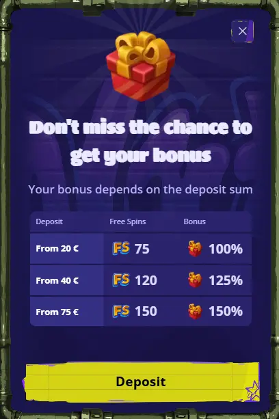 Bonuskong welcome bonus popup showing deposit rewards and free spins