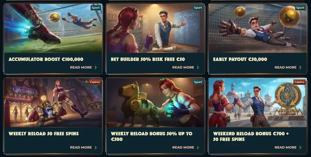 Monsterwin Casino promotions including accumulator boost, bet builder risk free offer, early payout and weekly reload bonuses