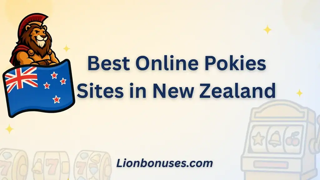 Best online pokies sites in New Zealand banner with LionBonuses mascot holding the NZ flag and slot machine icons in the background