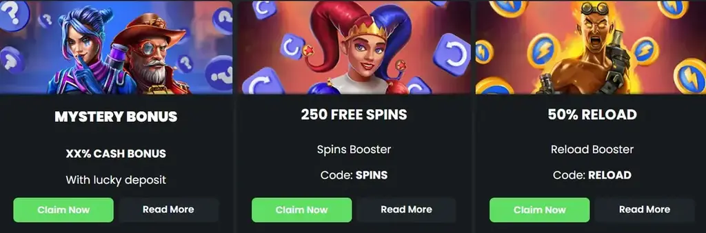 Winningz Casino promotions including mystery bonus, 250 free spins, and 50% reload bonus.