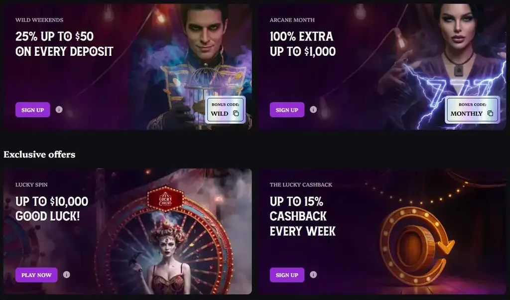 Lucky Circus Casino promotions section featuring weekly bonuses, cashback offers, and exclusive rewards.