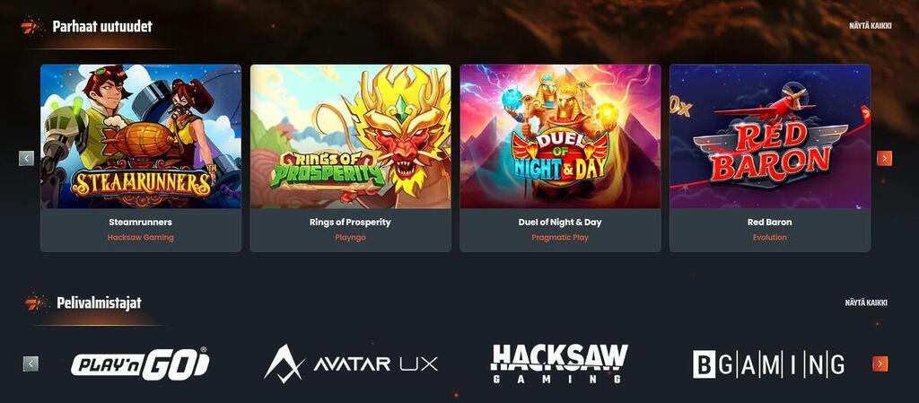 Raju Casinon peliosio, jossa näkyvät parhaat uutuuspelit kuten Steamrunners, Rings of Prosperity, Duel of Night & Day ja Red Baron sekä pelivalmistajien logot Play’n GO, Avatar UX, Hacksaw Gaming ja BGaming
