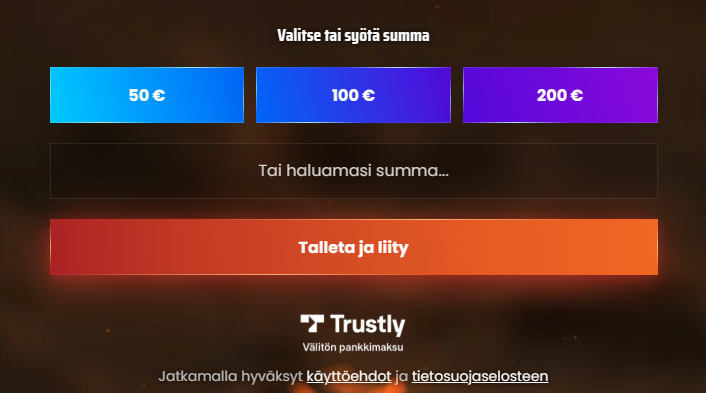 Raju Casinon talletussivu, jossa näkyvät valmiit summavaihtoehdot 50€, 100€ ja 200€, kenttä omalle summalle, oranssi “Talleta ja liity” -painike sekä Trustly-maksulogo