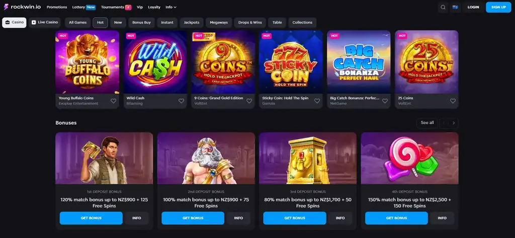 ROckwin Casino Homepage with Pokies, Bonuses, and New Game Collections