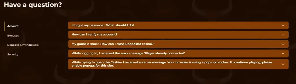 Rodeoslot Casino help centre FAQ page with account, verification and technical support questions
