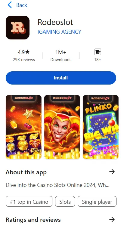 Rodeoslot Casino mobile app available for download with slot games and casino features