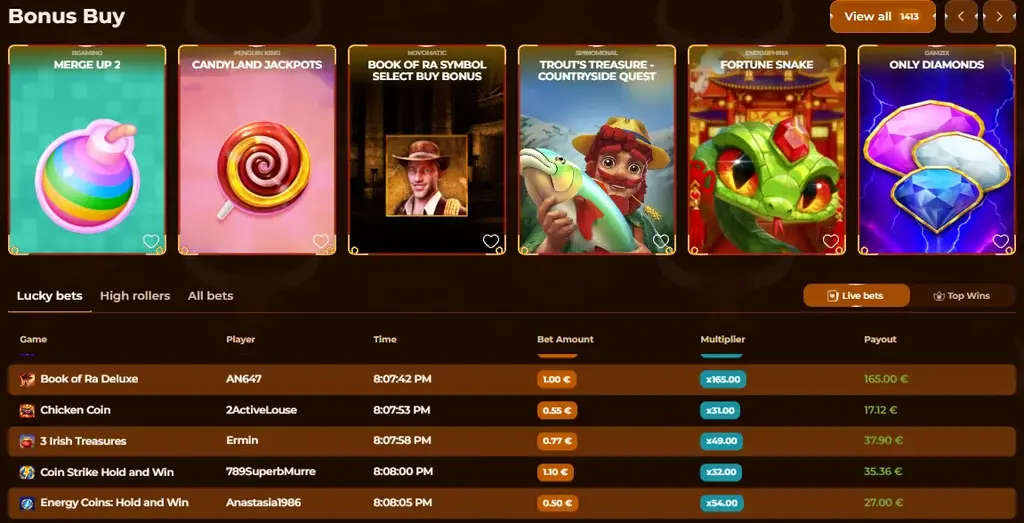 Rodeoslot Casino slot games lobby with bonus buy titles and latest big wins leaderboard