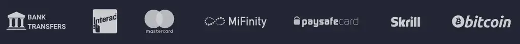 RollingSlots Casino payment methods including bank transfers, Interac, Mastercard, MiFinity, Paysafecard, Skrill and Bitcoin.