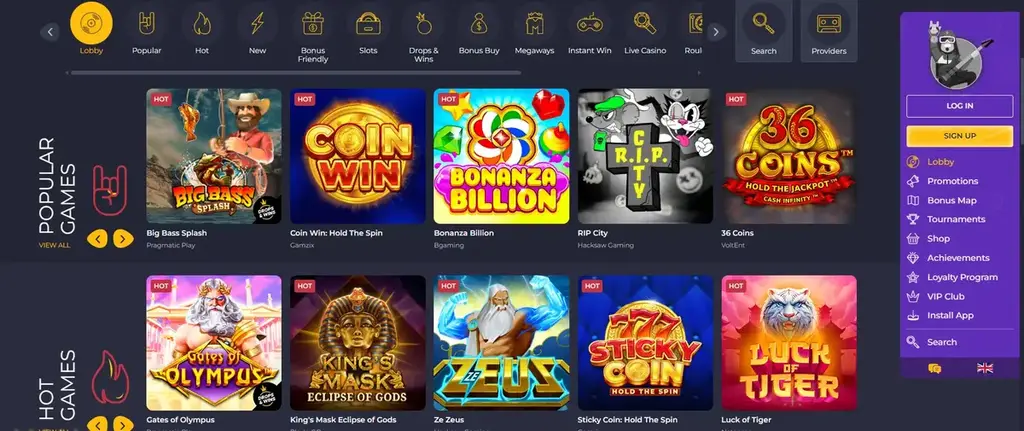 RollingSlots Casino lobby showing popular and hot slot games like Big Bass Splash, Gates of Olympus and 36 Coins.