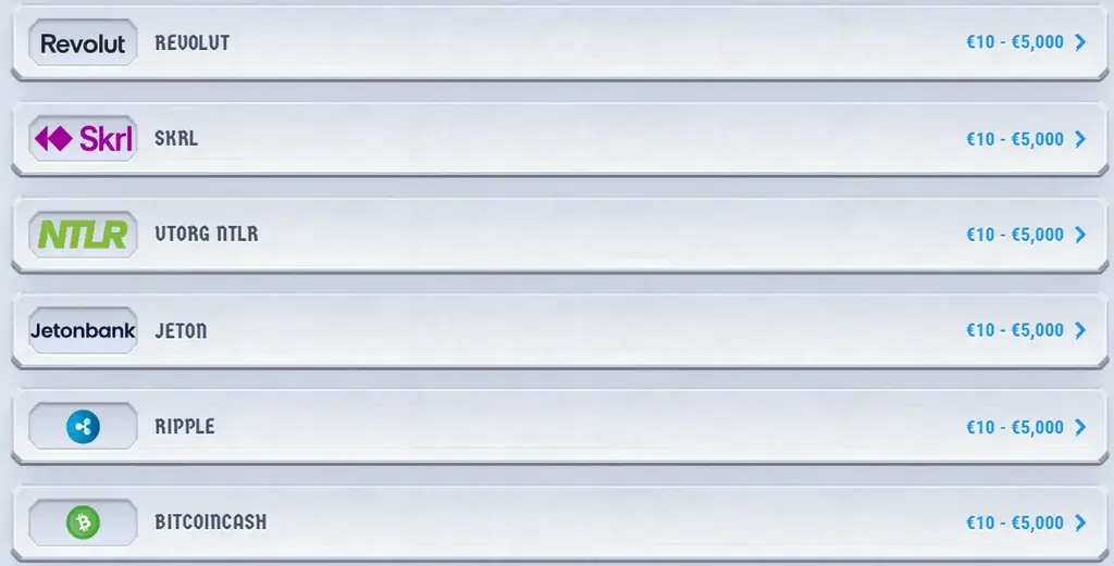 Romibet payment methods including Skrill, Revolut, Jeton, and crypto options