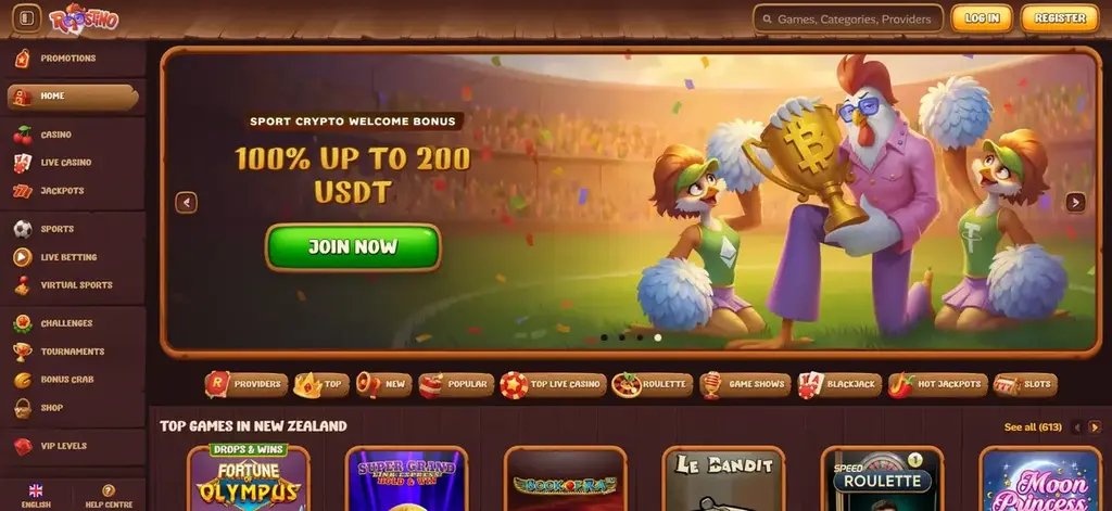 Roostino casino homepage showing welcome bonus, navigation menu and featured games