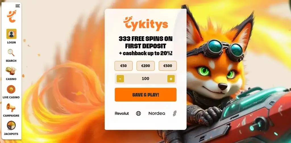 Tykitys Casino homepage with 333 free spins welcome offer and cashback