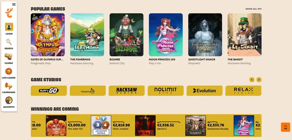 Popular slot games and game providers available at Tykitys Casino