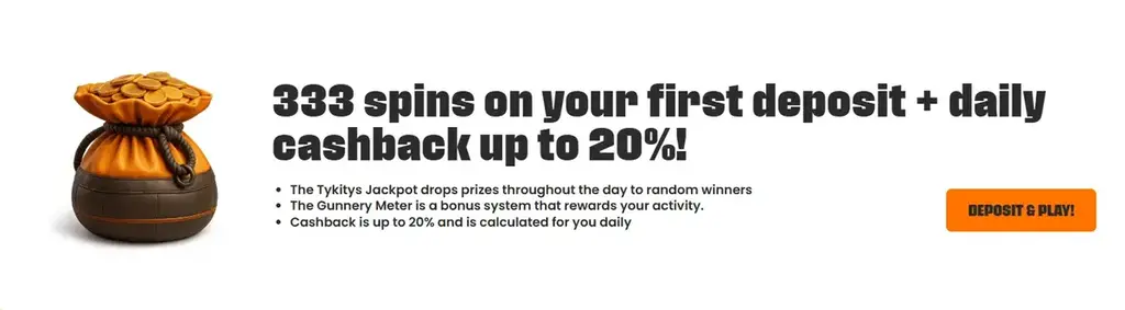 Tykitys Casino welcome offer with 333 free spins and cashback up to 20%