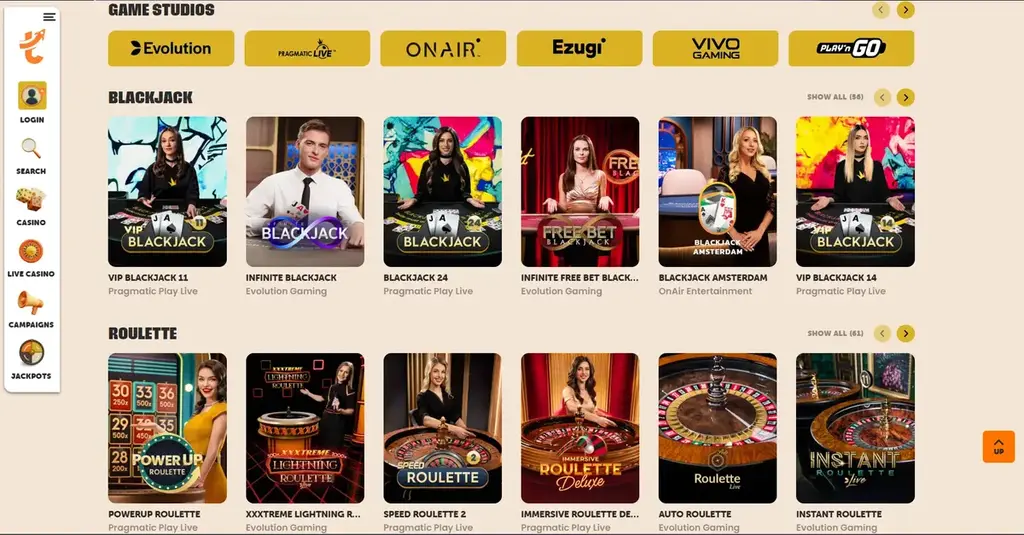 Live casino lobby with blackjack and roulette tables at Tykitys Casino
