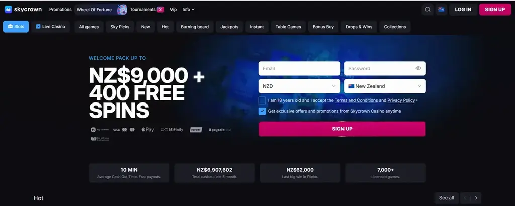 SkyCrown Casino homepage with NZ$9000 welcome bonus and 400 free spins offer