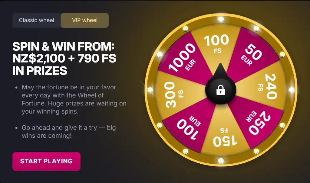 SkyCrown Casino VIP Wheel of Fortune with NZ$2100 and 790 Free Spins in prizes