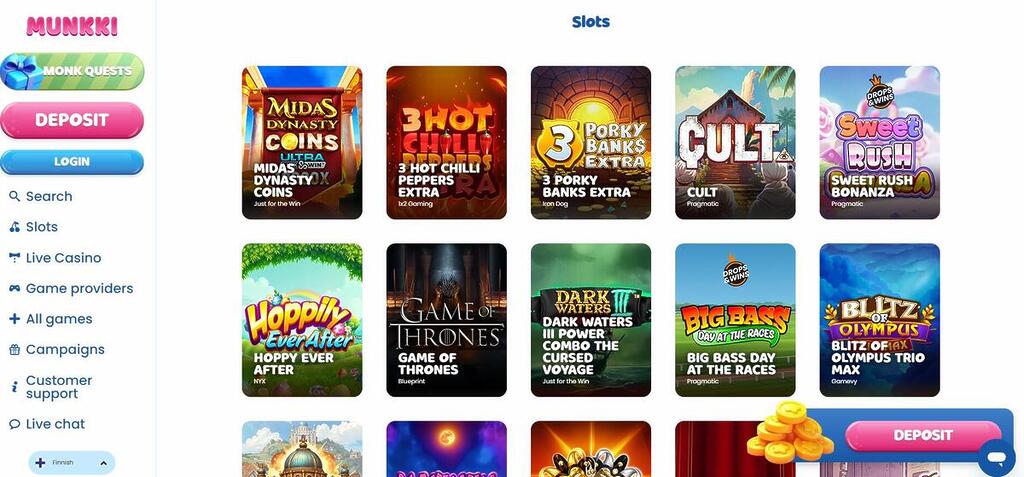 Munkki Casino slots lobby featuring popular games from top providers