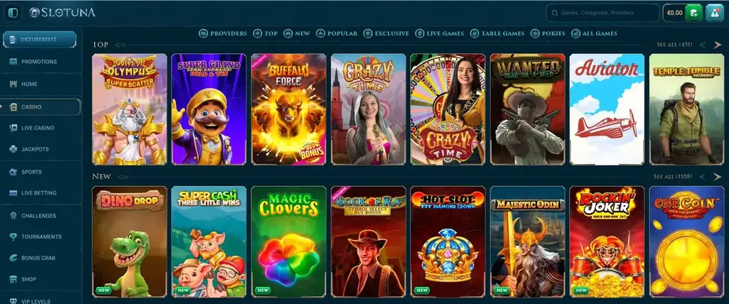 Pokies and Games at Slotuna Casino