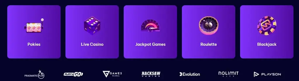 Speedz Casino game categories including pokies, live casino, jackpot games, roulette, and blackjack, with icons and provider logos such as Pragmatic Play, Hacksaw Gaming, Evolution and NoLimit City.