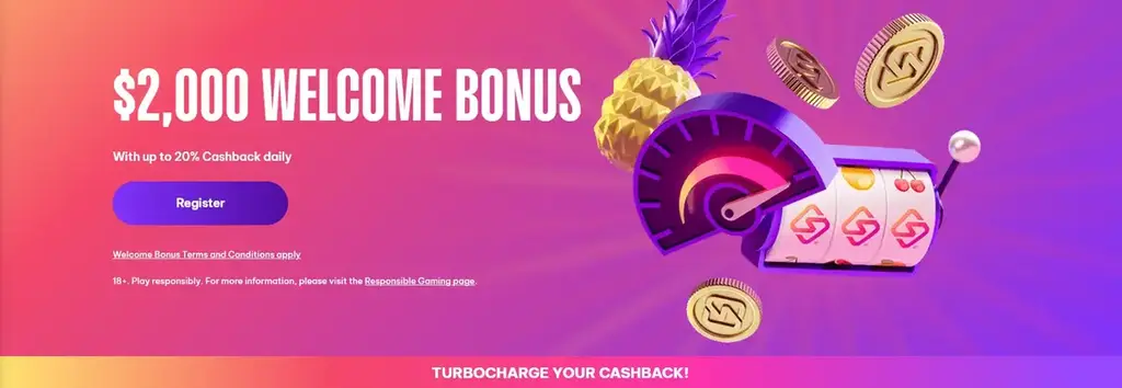 Speedz Casino New Zealand welcome bonus banner advertising a $2,000 welcome bonus with up to 20% daily cashback on a pink–purple gradient background