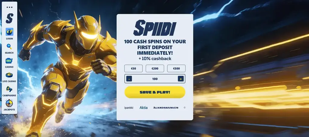 Spiidi Casino Pay N Play homepage with instant deposit, 100 cash spins offer and cashback promotion