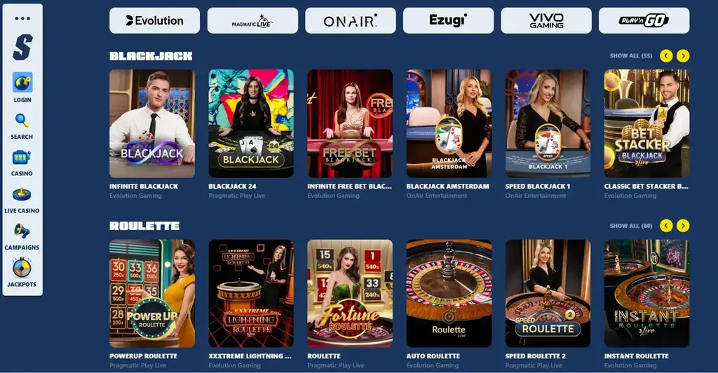 Spiidi Casino live casino lobby with blackjack and roulette games from Evolution, Pragmatic Play and Ezugi