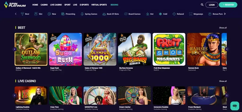 Spin Platinum casino lobby showing slots and live casino games selection