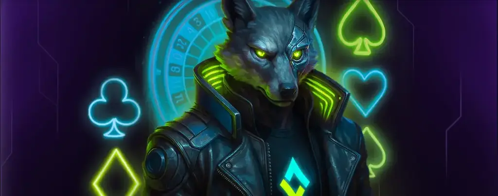 Spin Platinum casino wolf mascot with neon lights and roulette background