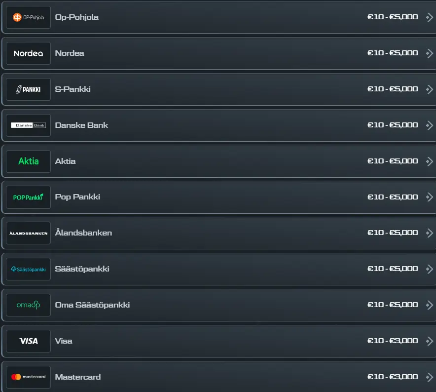 Spinational Casino payment methods including European bank transfers, Visa and Mastercard