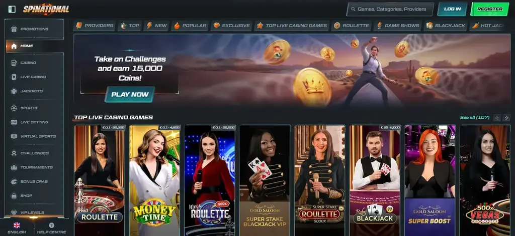 Spinational Casino homepage featuring live casino games and navigation menu