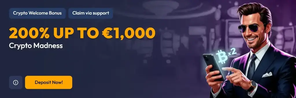 SpinHub Casino crypto welcome bonus offering 200% up to €1,000