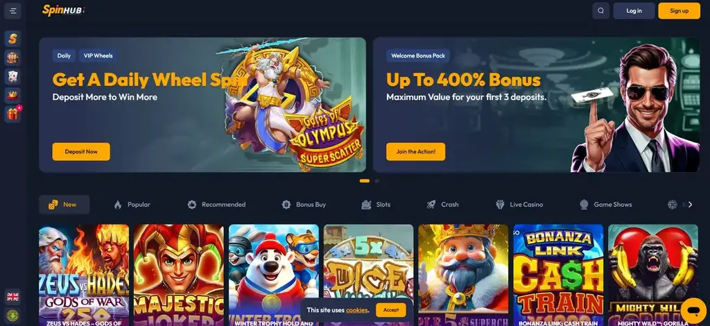 SpinHub Casino homepage with welcome bonuses and featured games
