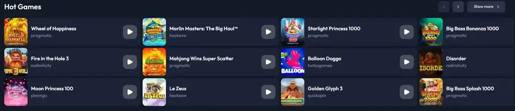SpinHub Casino hot games selection