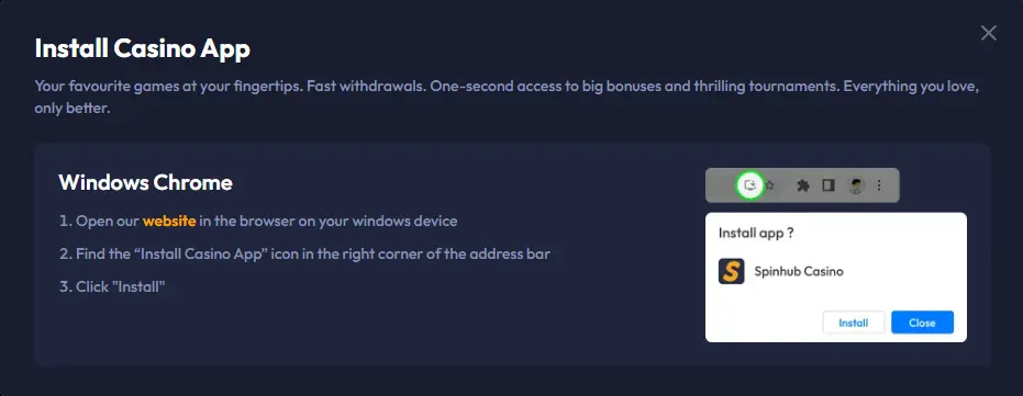 SpinHub Casino app installation instructions on desktop