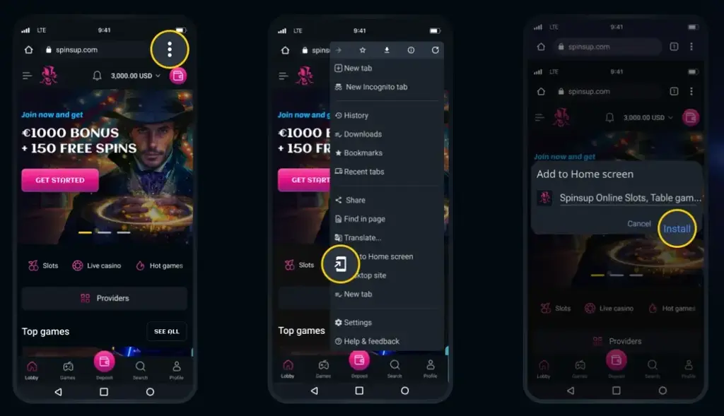 Spinsup Mobile App visual explanation on how to install the app on your mobile device Android or iOS