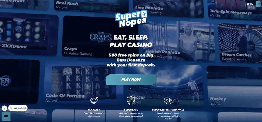Supernopea Casino homepage banner with Pay N Play access and 500 free spins offer