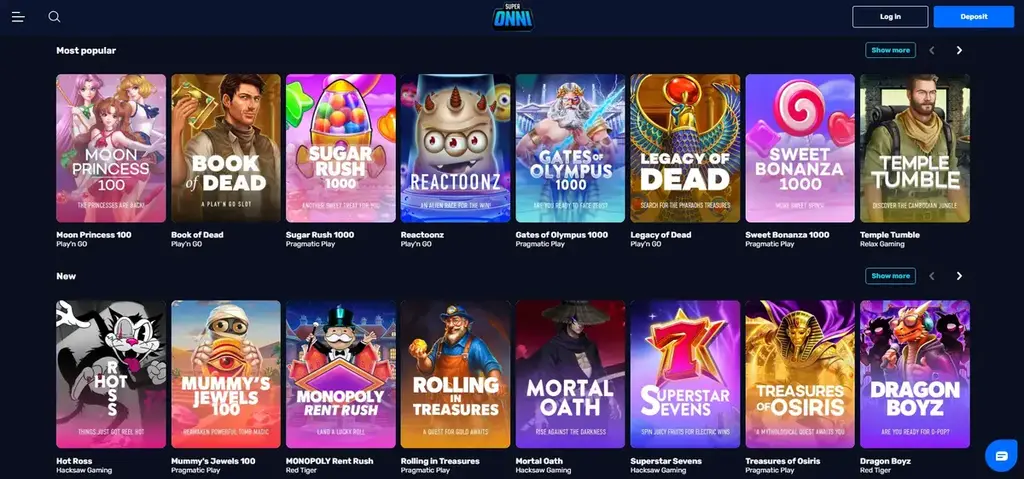 Superonni Casino slots lobby with a grid of popular slot games and categories.