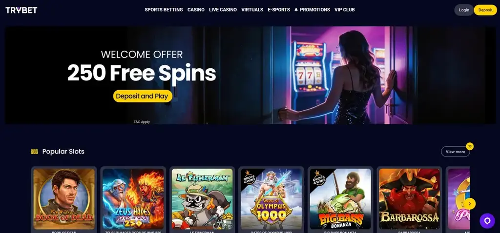 Trybet Casino welcome offer with 250 free spins and deposit bonus banner