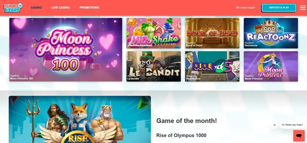 TurboVegas Casino slots lobby with games like Moon Princess 100, Book of Dead and Reactoonz