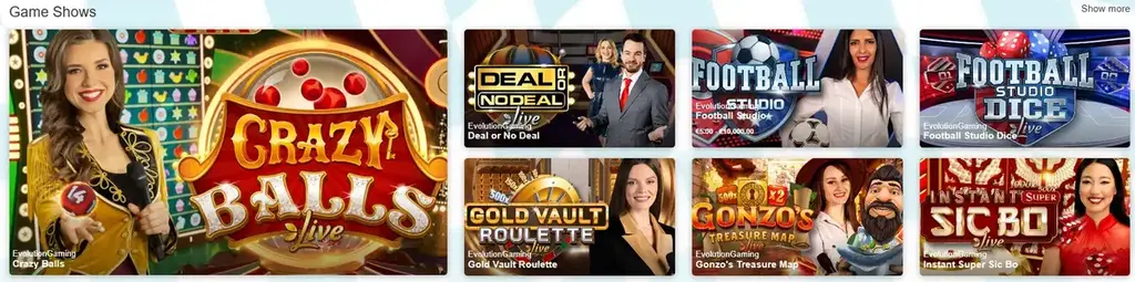 TurboVegas Casino live game shows including Crazy Balls, Deal or No Deal and Football Studio