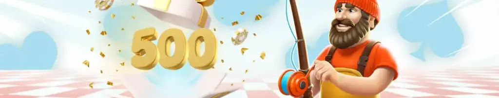 TurboVegas Casino welcome bonus banner showing a fisherman mascot and a 500 bonus offer