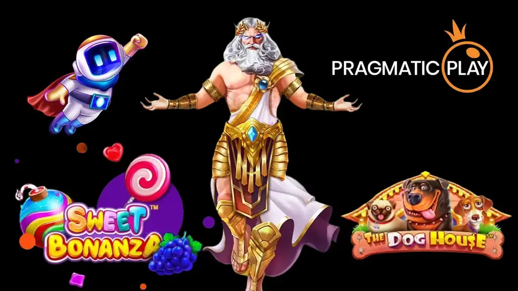 Pragmatic Play banner featuring Gates of Olympus, Sweet Bonanza, The Dog House, and a cartoon astronaut character on a black background