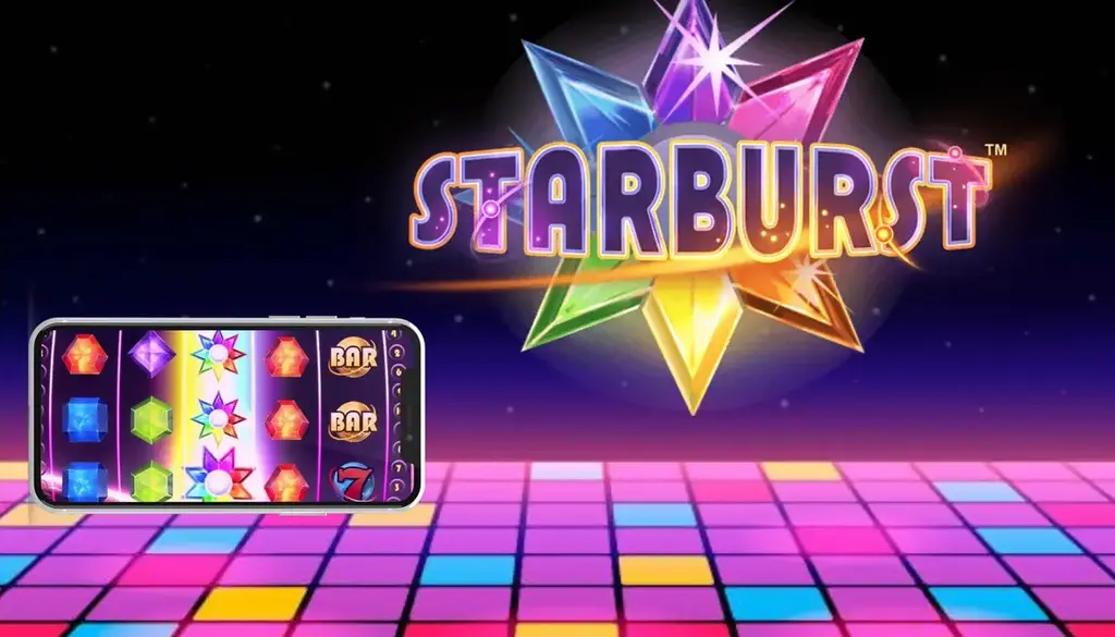 Starburst online pokie banner showing the game logo and mobile slot reels on a colourful neon grid background