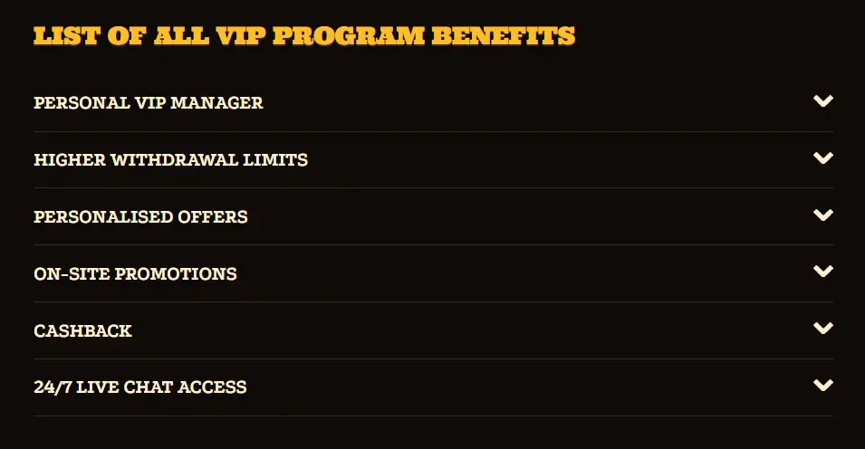 Lizaro Casino VIP program benefits including personal VIP manager, higher withdrawal limits, personalised offers, cashback, and live chat access