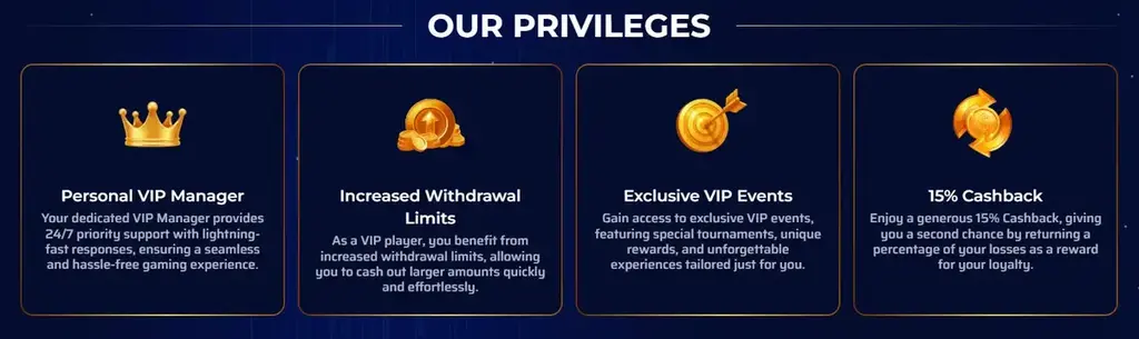 Magnetic Slots VIP privileges including cashback rewards, VIP events and withdrawal limits