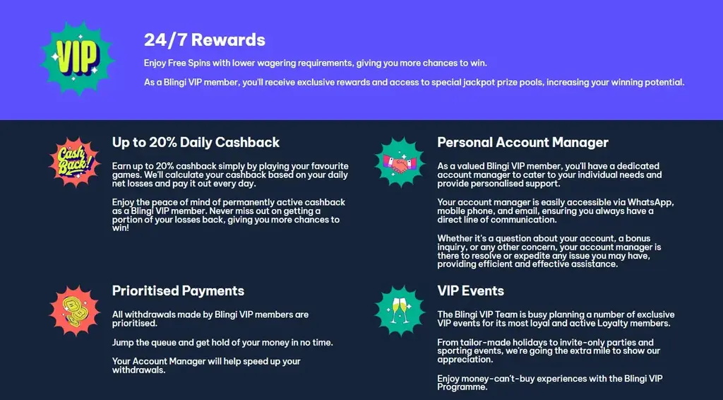 Blingi Casino VIP program benefits including cashback, rewards, and personal account manager