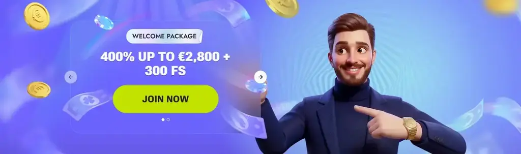 Vipsta welcome bonus banner advertising a 400% bonus up to €2,800 plus 300 free spins.