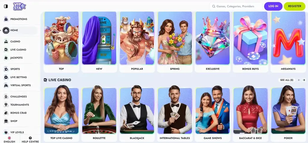 Vipsta casino lobby showing game categories, live casino tables, and sections for slots, jackpots, and popular game types