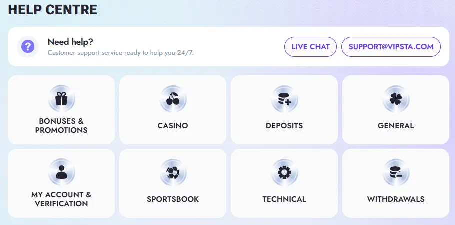 Vipsta Help Center page showing support options like live chat, email, and help topics for bonuses, casino, deposits, withdrawals, and account verification.